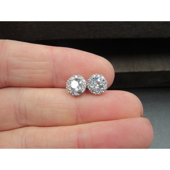 Jewelry - Sterling Silver Cubic Zirconia Bright Round Halo Stud Earrings Vintage Wedding